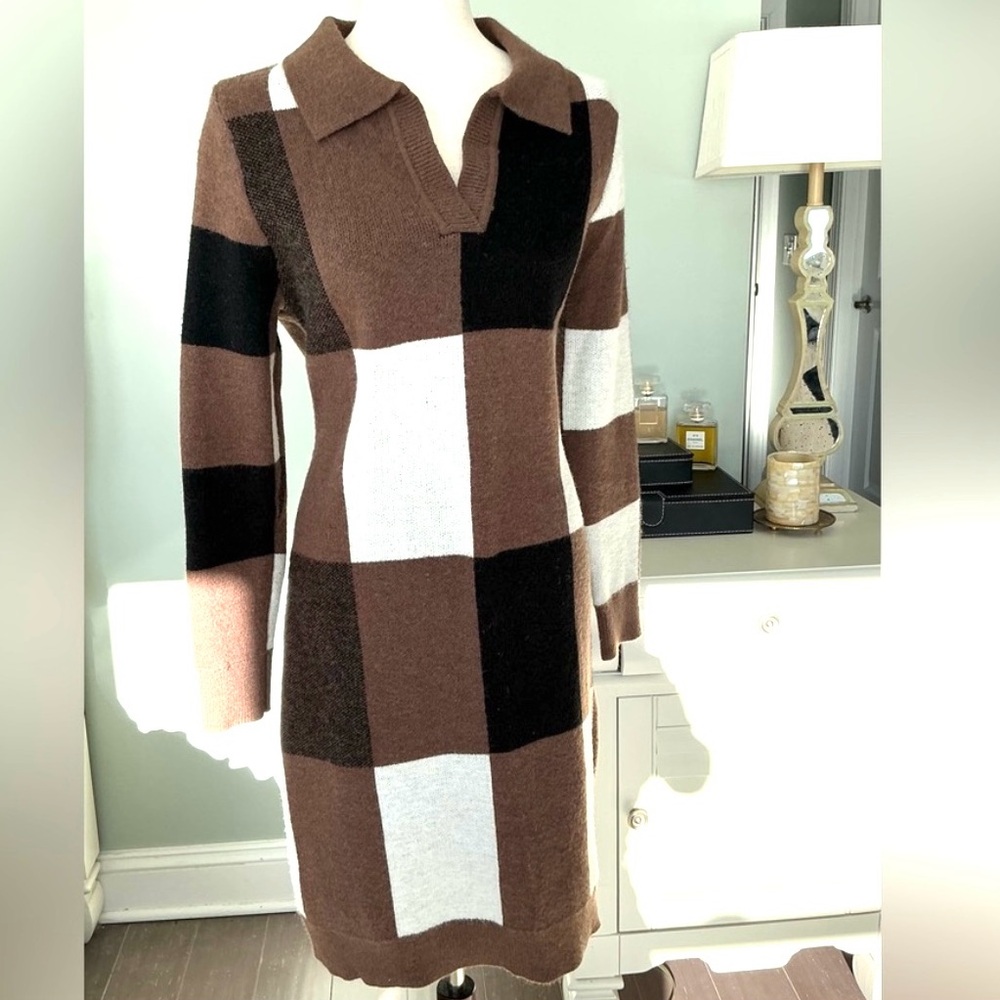 Plaid Long Sleeve Sweater Dress Brown Black White Woman’s SZ S